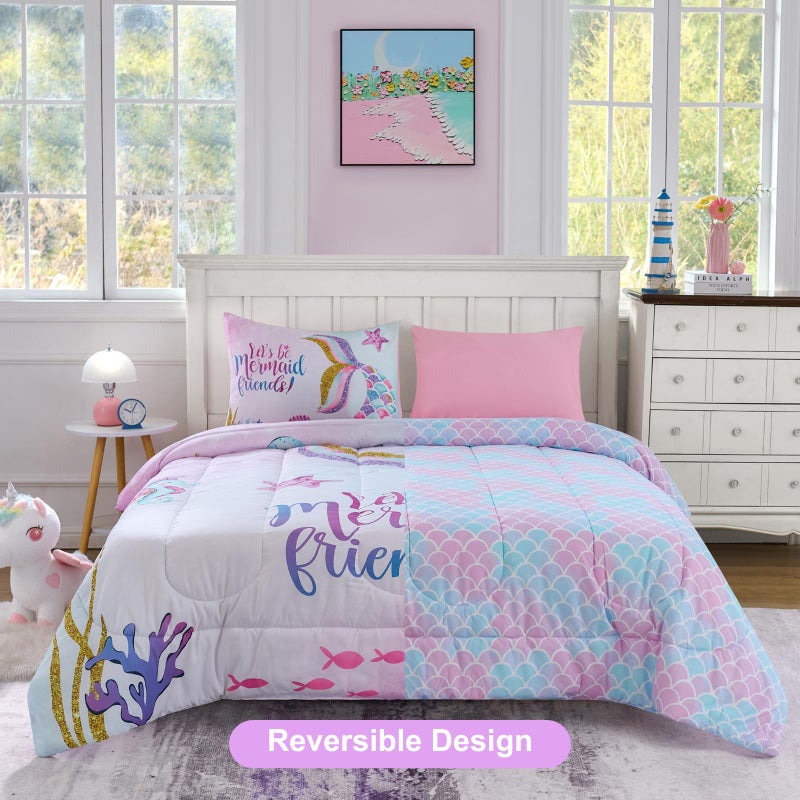 Cokouchyi Twin Size Comforter Set for Girls  5-Piece Bed in a Bag  3D Colorful Mermaid Bedding Comforter Sheet Set  Ultra Soft and Fluffy  Mermaid - Image 4